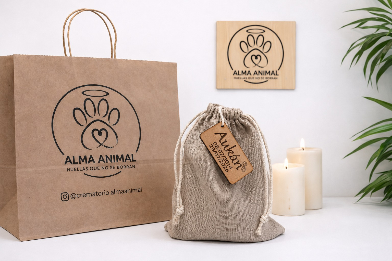 Kit de la Cremación Simple: saquito de tela con placa de madera grabada